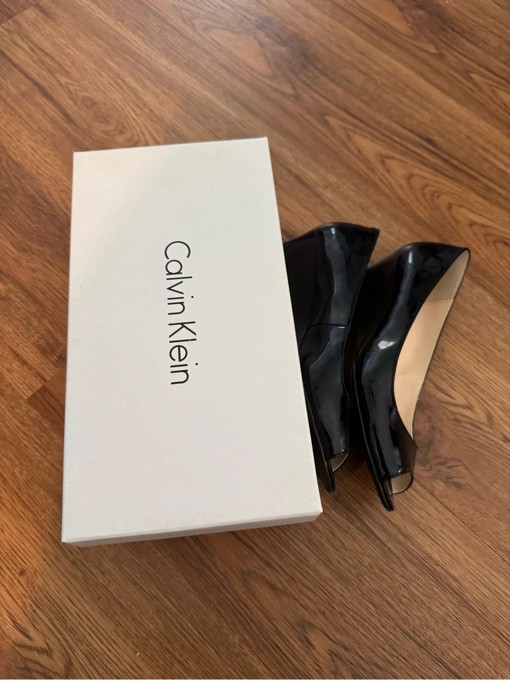 Calvin Klein Women's Black Patent Peep Toe Flats